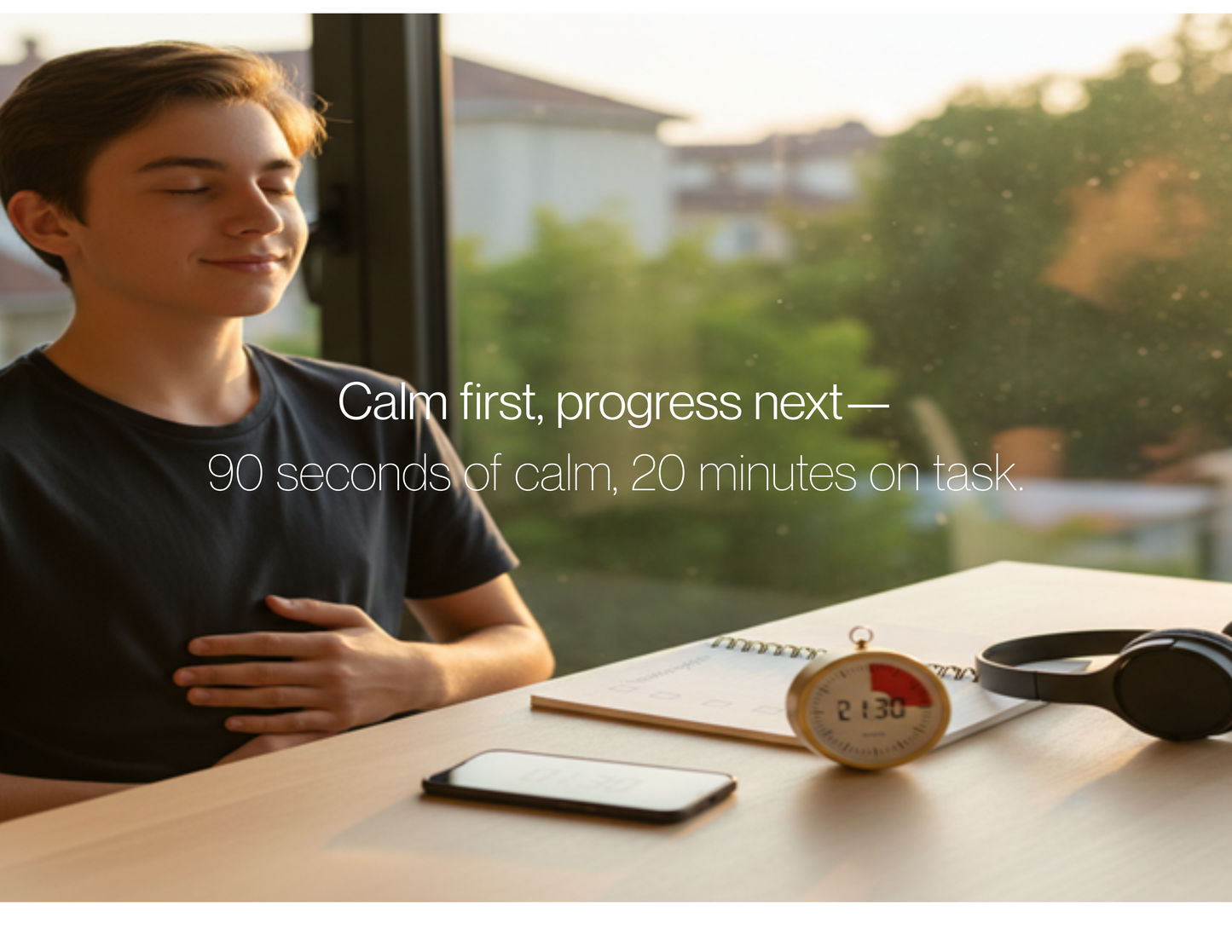 Motivational story poster showing the 90/20 rule for prioritizing calm before progress to improve focus and reduce stress