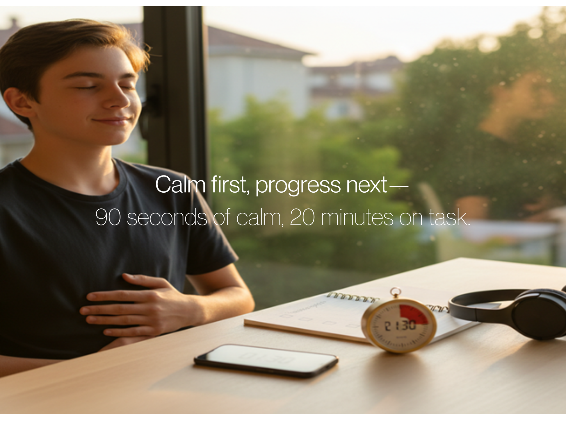 Motivational story poster showing the 90/20 rule for prioritizing calm before progress to improve focus and reduce stress