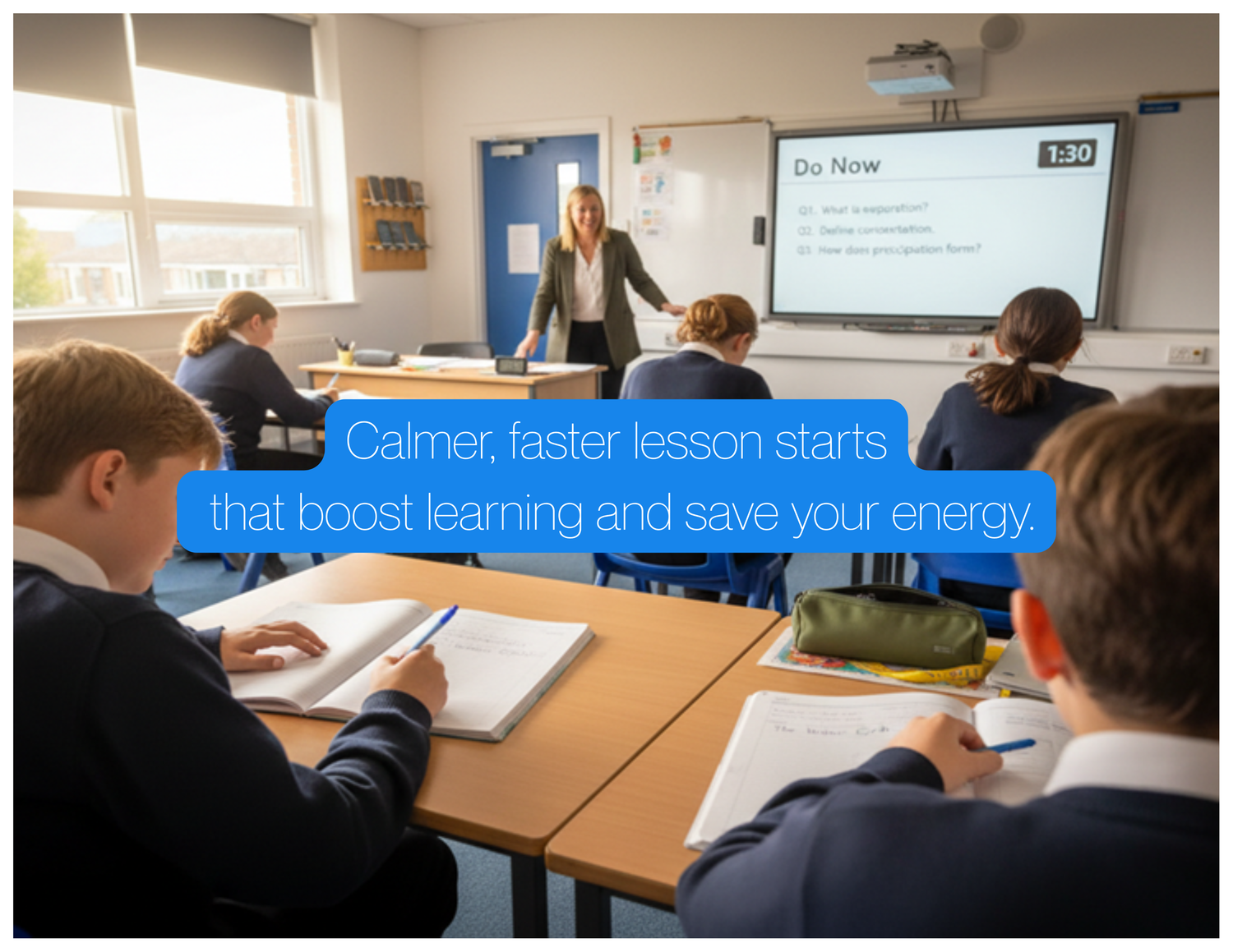 Classroom management poster showing 90-second entry routine for calmer lesson starts and better learning