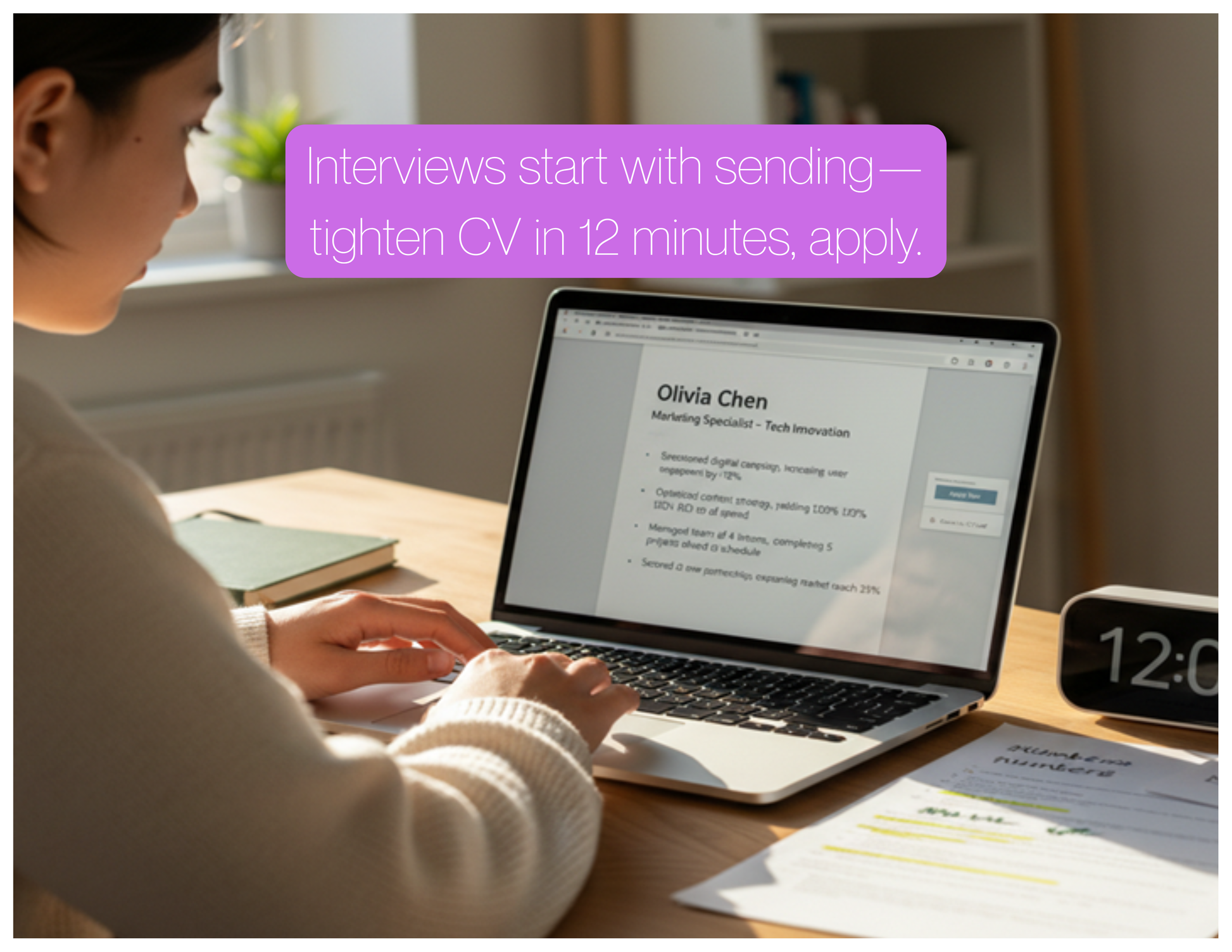 Career motivation poster showing 12-minute CV review strategy to overcome job application perfectionism